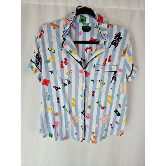 Kate Spade White/Blue CABANA STRIPES/BEACH-THEMED Knit Pajama Set Size M - Picture 2 of 5